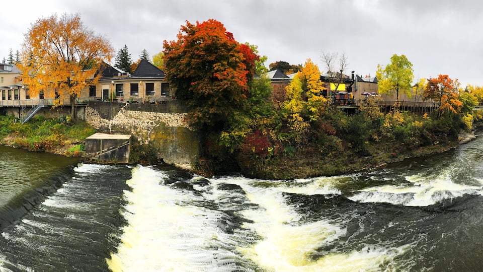 Panorama of the Grand River at Fergus, Ontario, Canada in Autumn