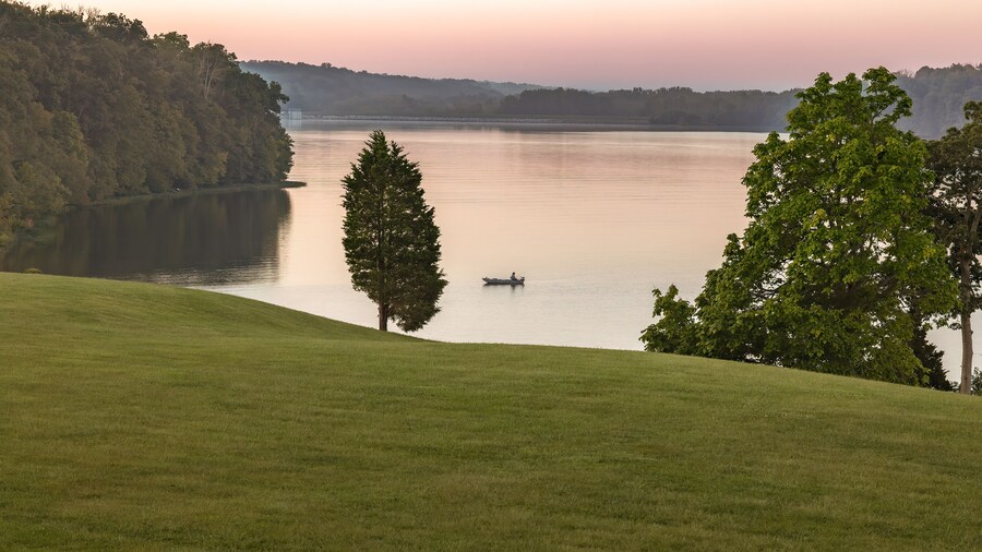 Small Fishing Boat on Acton Lake in Hueston Woods State Park, Ohio at Sunrise