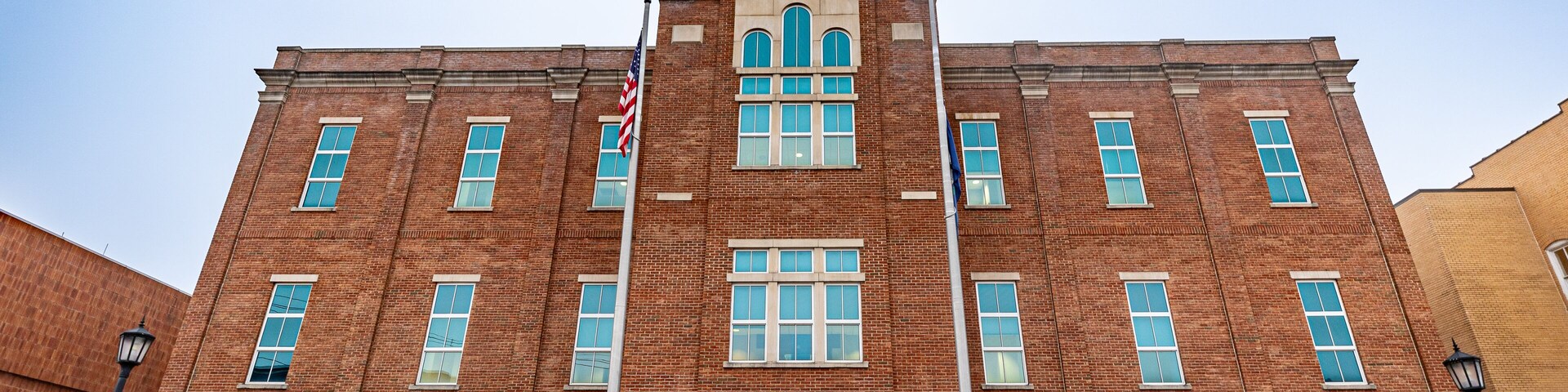 Facade frontal view of Breathitt county judicial complex in small American city of Jackson, Kentucky