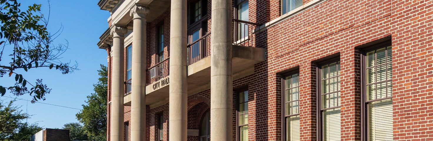 Front view and main entrance to the Town or City Hall in the small town of Greenville in Mississippi