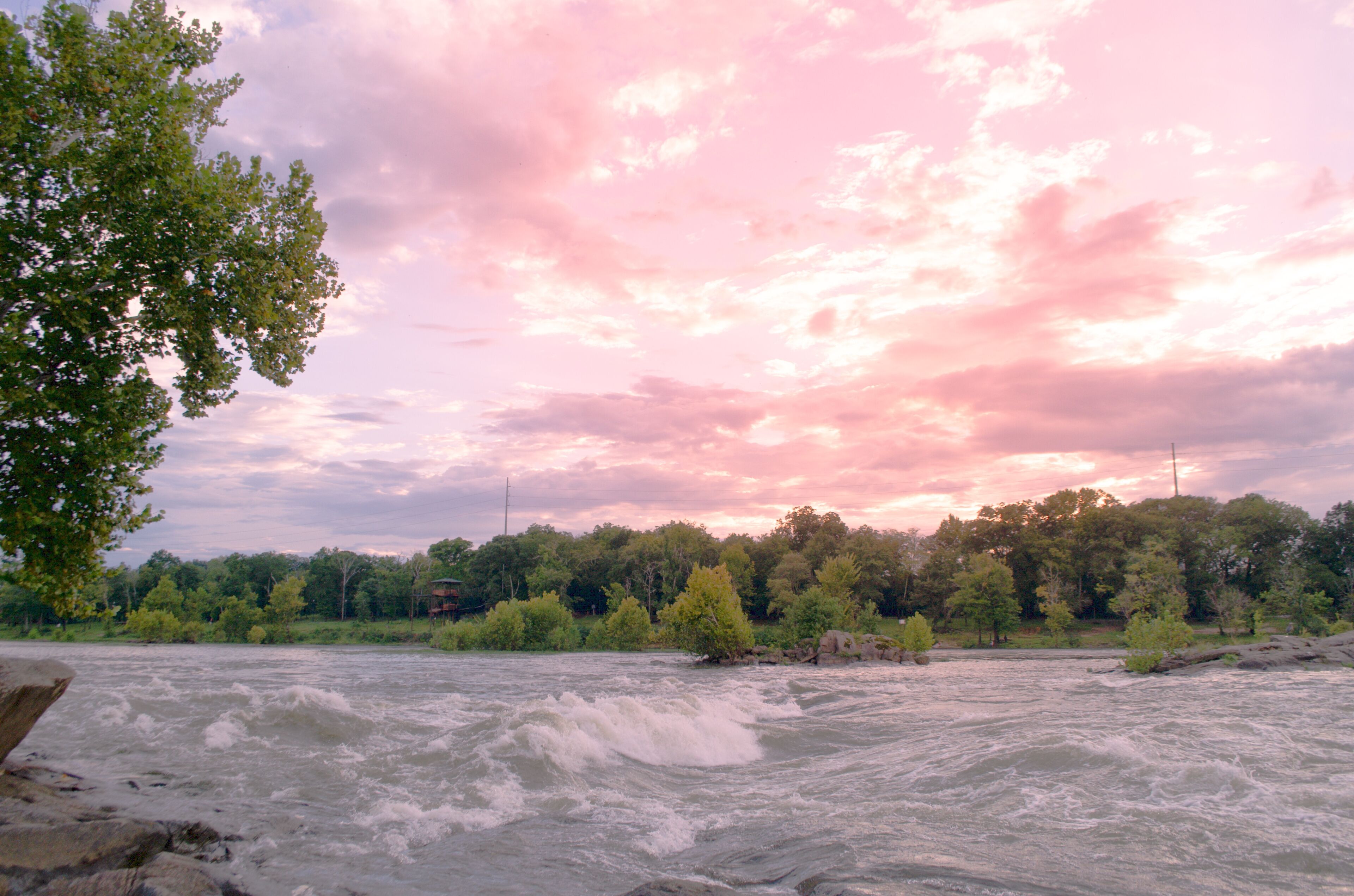 A river with turbulent waters, surrounded by dense green trees and a pinkish sky.