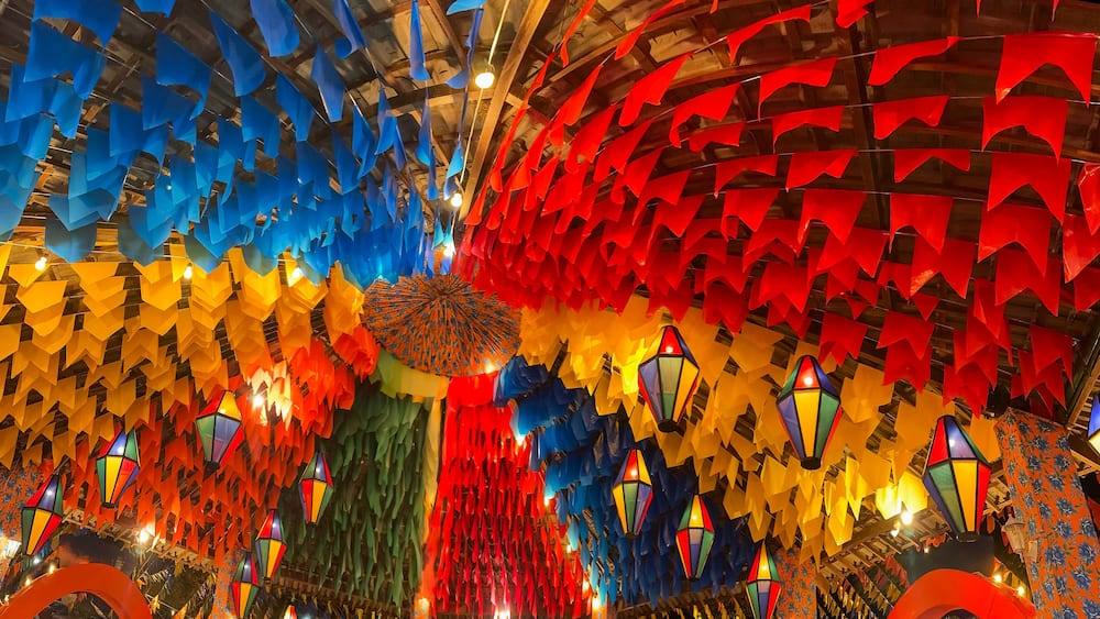 Decorative balloons and colorful flags on the street for the São João festival, which takes place in June in northeastern Brazil.
