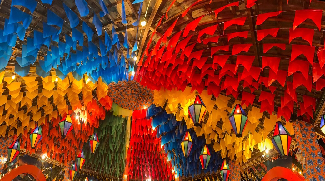 Decorative balloons and colorful flags on the street for the São João festival, which takes place in June in northeastern Brazil.