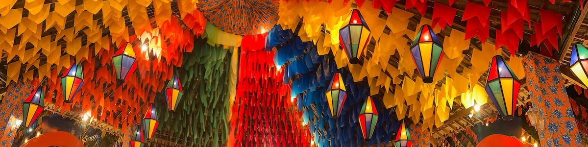 Decorative balloons and colorful flags on the street for the São João festival, which takes place in June in northeastern Brazil.