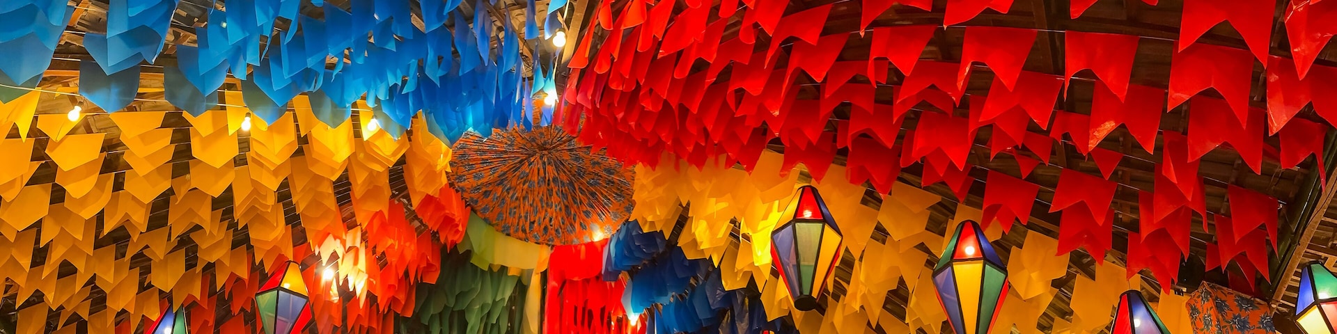 Decorative balloons and colorful flags on the street for the São João festival, which takes place in June in northeastern Brazil.