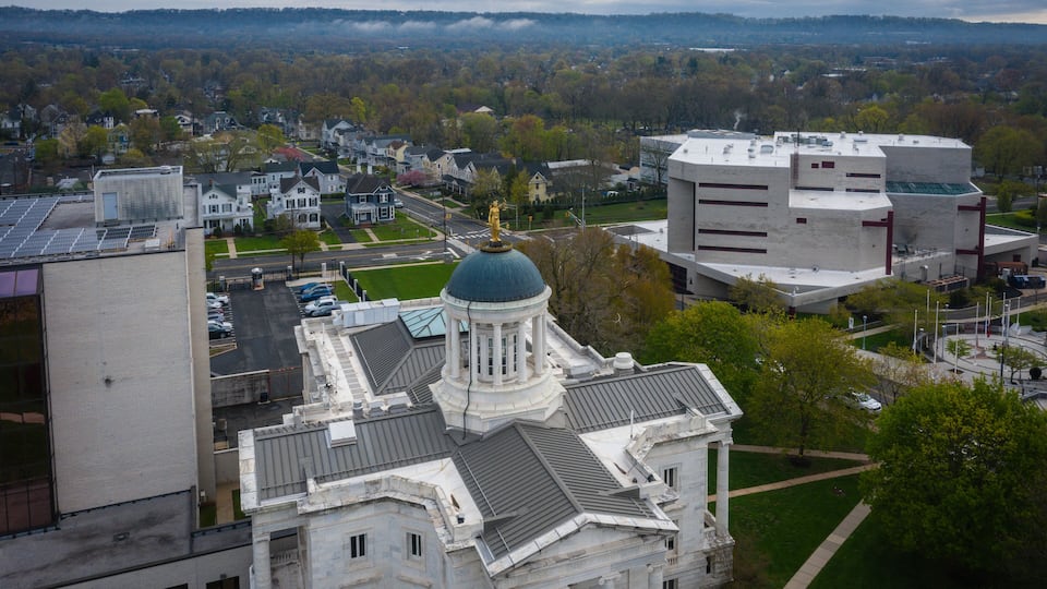 A large white building with a blue dome and a golden statue on top, surrounded by trees and other buildings.