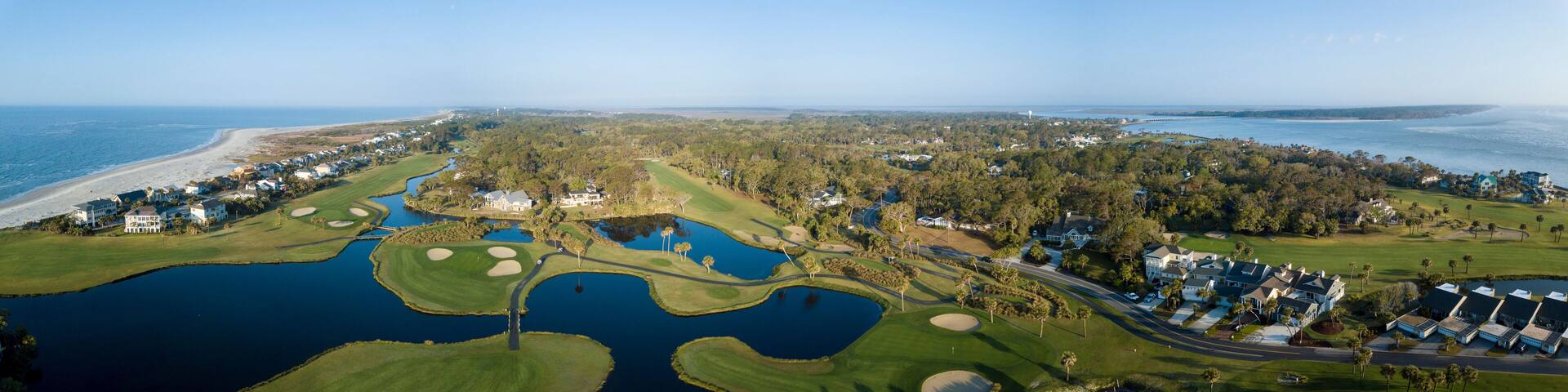 Aerial panoramic view of golf course and houses on Fripp Island, South Carolina