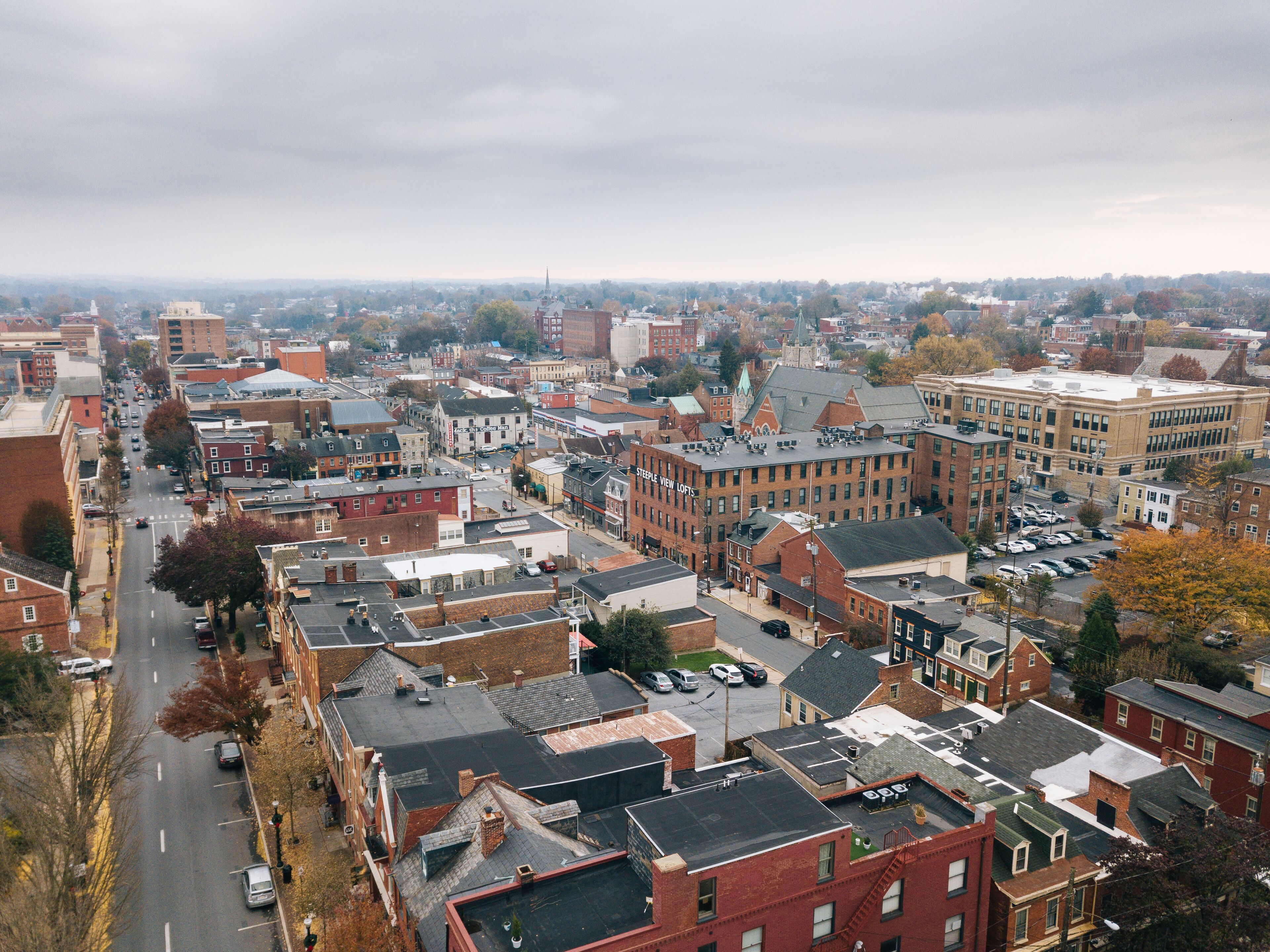 Aerial of Downtown Lancaster, Pennsylvania areound the Central Markets