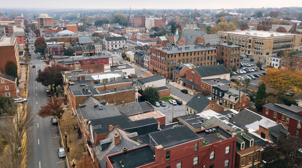 Aerial of Downtown Lancaster, Pennsylvania areound the Central Markets