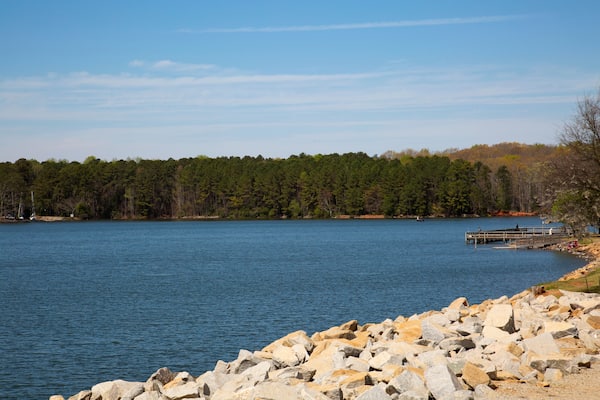 Shores of Lake Murray Water Reservoir in Columbia, South Carolina - Blue Water, Rocks on the Bank, Evergreen Trees along the Background Shore