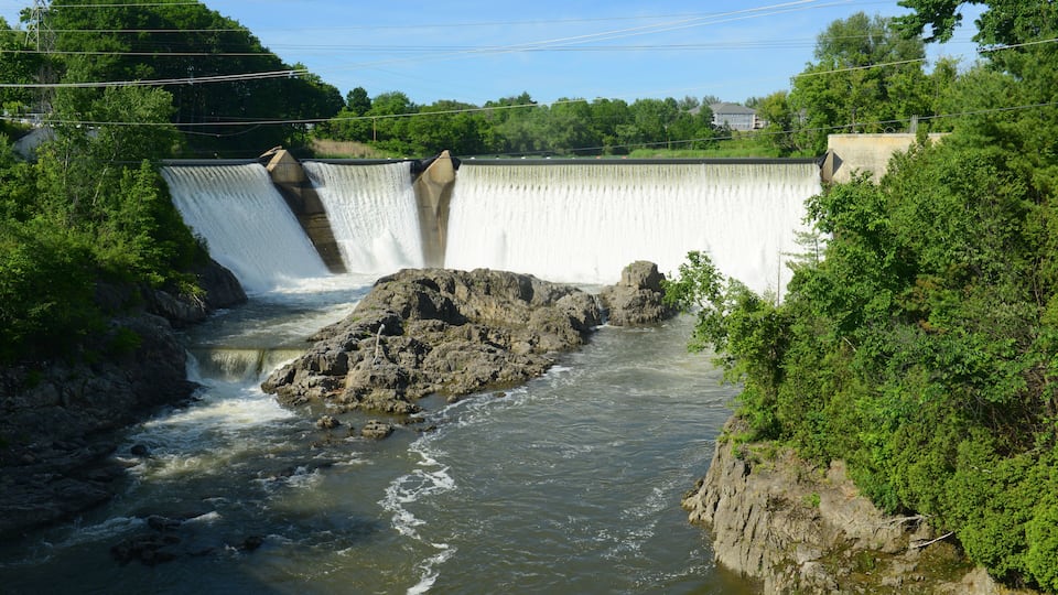 A dam with water cascading down, surrounded by greenery and a clear sky.