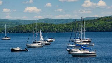 sailboats moored in bay on Lake Champlain, Vermont