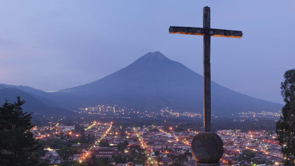 Cross and Volcan de Agua View From Cerro de la Cruz, Antigua, Sacatepequez Department, Guatemala