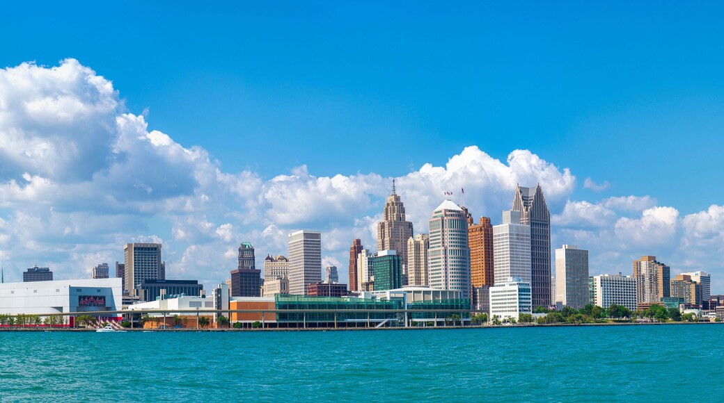 Panoramic view of Detroit skyline from Windsor, Ontario.