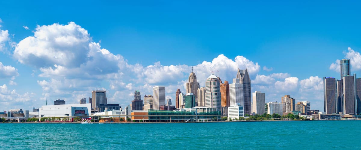 Panoramic view of Detroit skyline from Windsor, Ontario.
