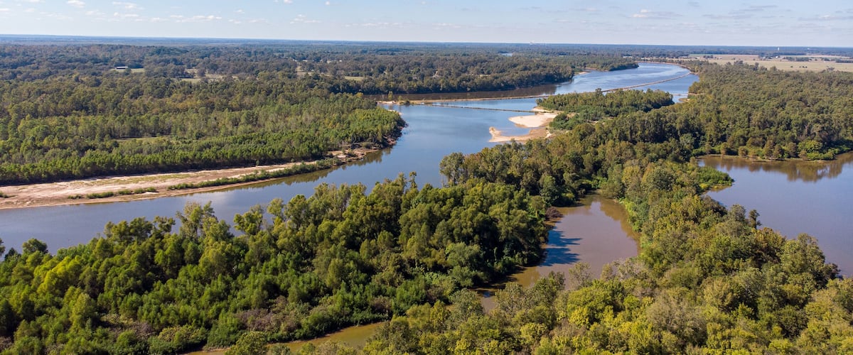 A river winding through a densely forested landscape with clear skies.