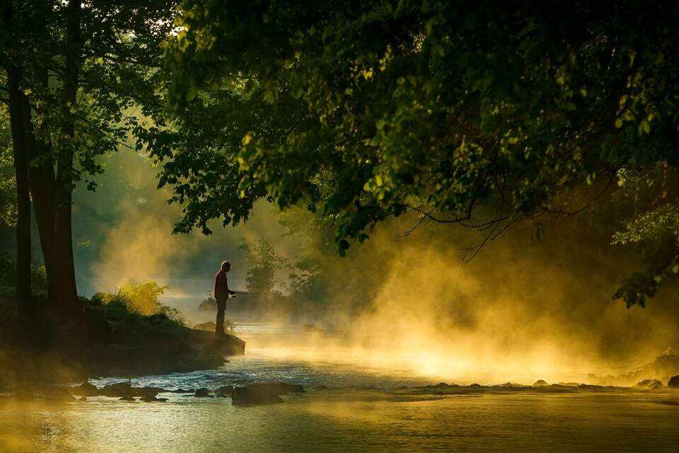 A person standing on rocks by a river with mist and sunlight filtering through trees.