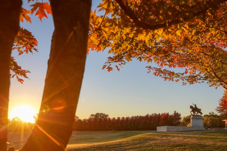 A statue in a park with autumn leaves and a sunset in the background.