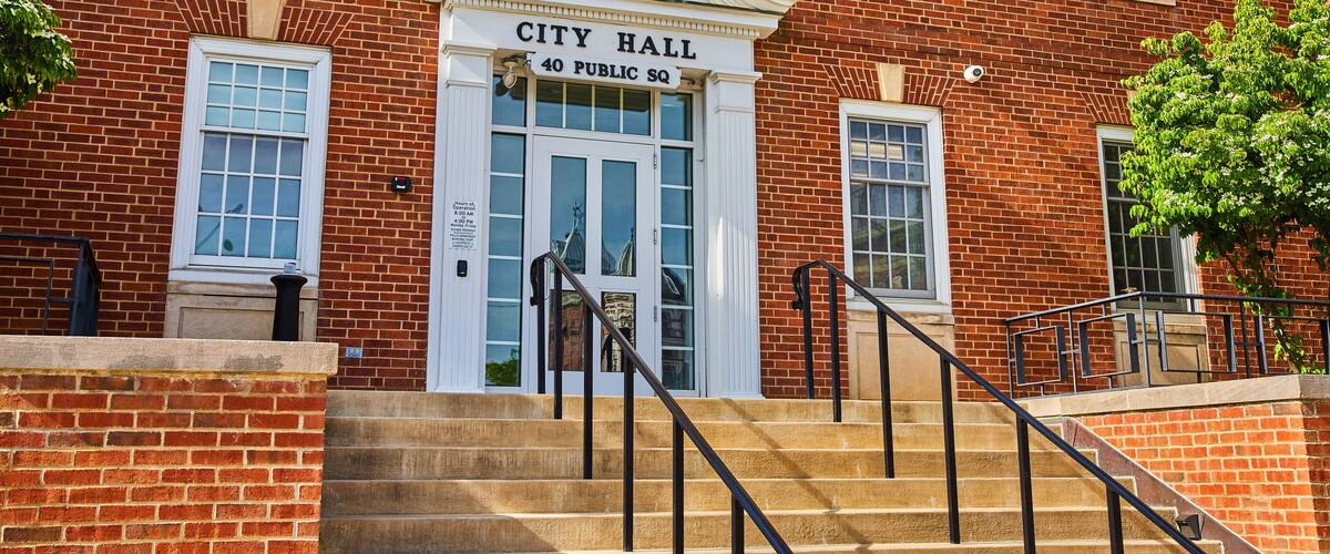 Close up of City Hall exterior in downtown Mount Vernon Ohio