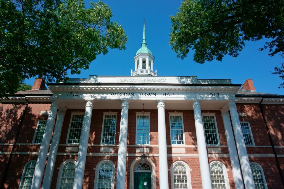 A historic building with a green spire, columns, and the inscription "WESTON TOWN HALL 1917".