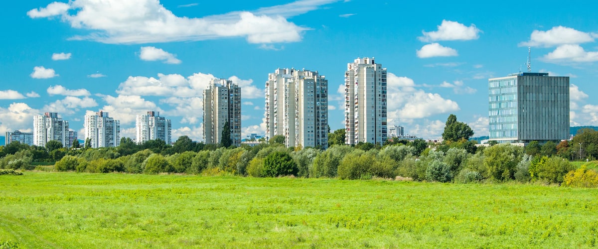 Sava embankment and Zagreb modern skyline, summer midday