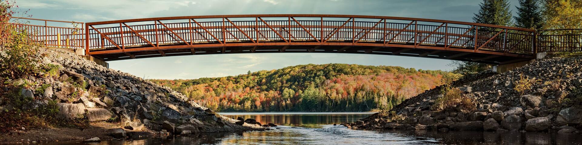 A wooden bridge over a calm river with autumn foliage in the background.