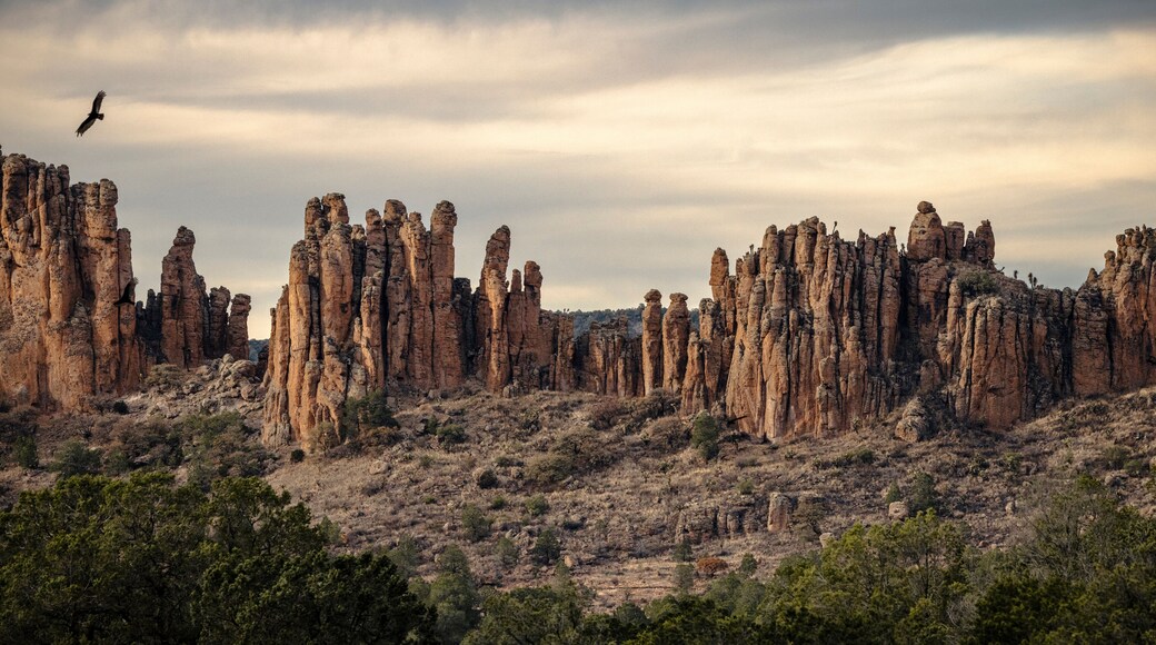 Paisaje de montañas y formaciones rocosas erosionadas, en Parque Nacional Sierra de Órganos, México.