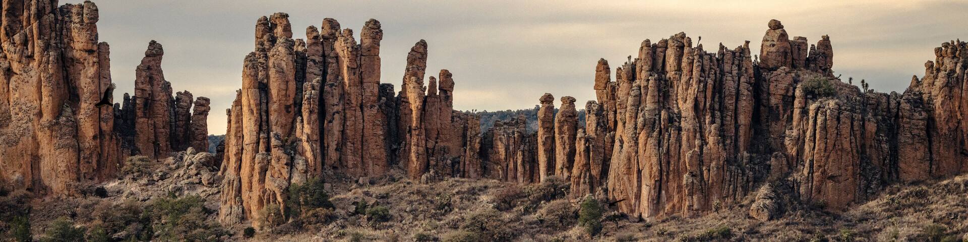 A rugged landscape with tall, narrow rock formations and sparse vegetation.