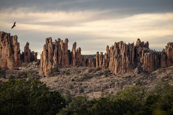 Paisaje de montañas y formaciones rocosas erosionadas, en Parque Nacional Sierra de Órganos, México.