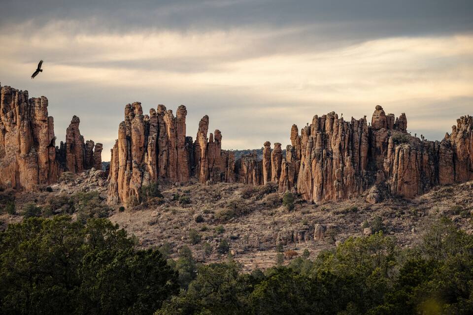 A rugged landscape with tall, narrow rock formations and sparse vegetation.