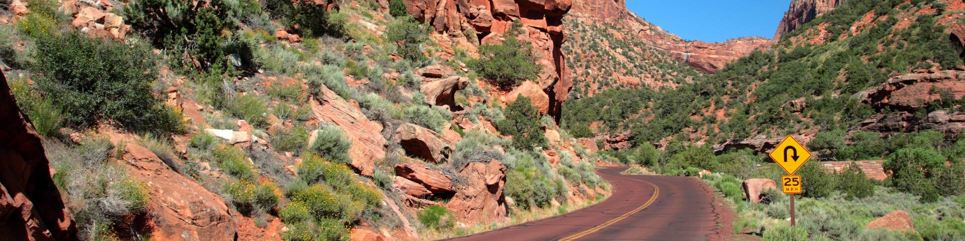 A winding road through a rocky canyon with red cliffs and sparse vegetation.