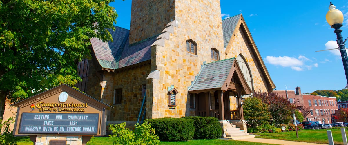 Laconia Congregational Church at 18 Veterans Square in city of Laconia, New Hampshire NH, USA.