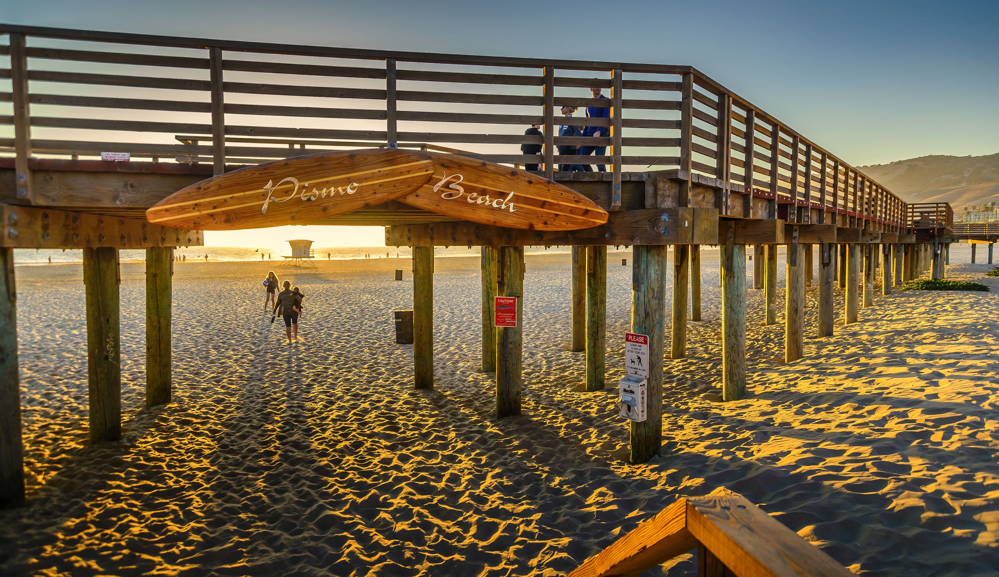 A wooden pier with a sign reading "Dismo Beach."