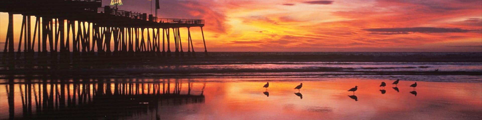 A pier with a Christmas tree at sunset.