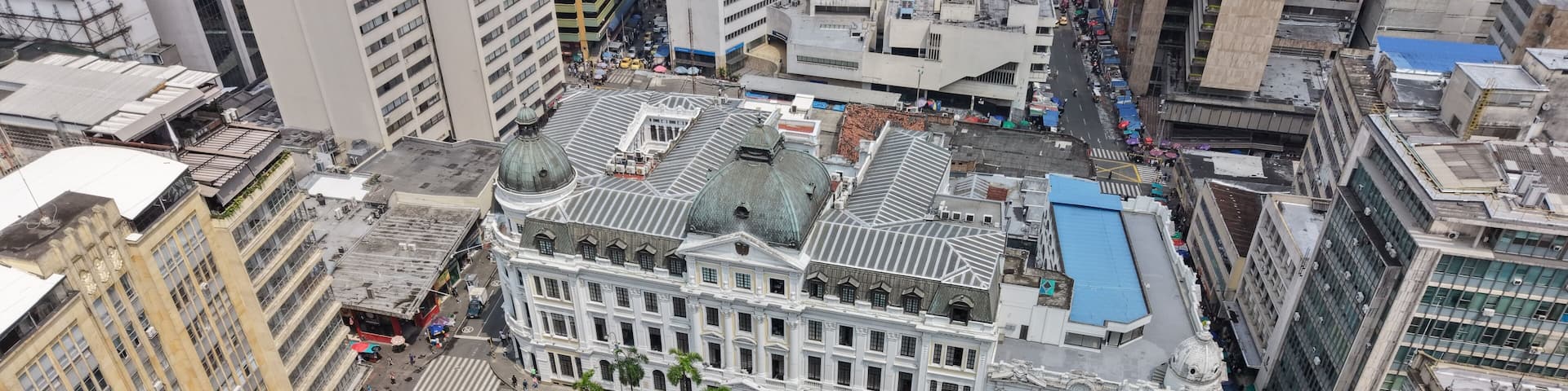 Aerial View of Cali's Historic Center: Caicedo Square, Culture Palace, and Tobacco Building