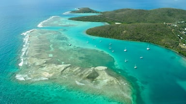 Vue aérienne d’une zone côtière aux eaux turquoise et limpides, où l’on aperçoit plusieurs bateaux et de luxuriantes îles verdoyantes.