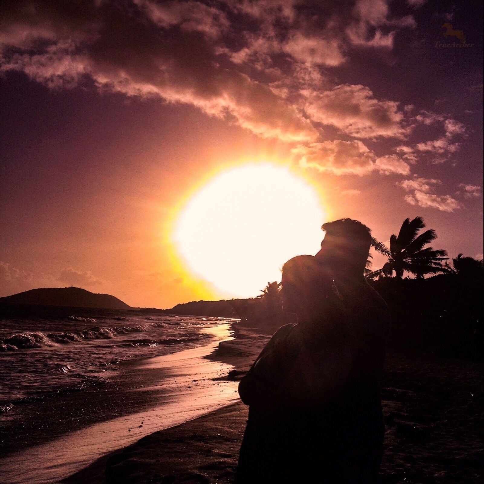 A silhouette of a person standing on a beach with palm trees and a sunset in the background.