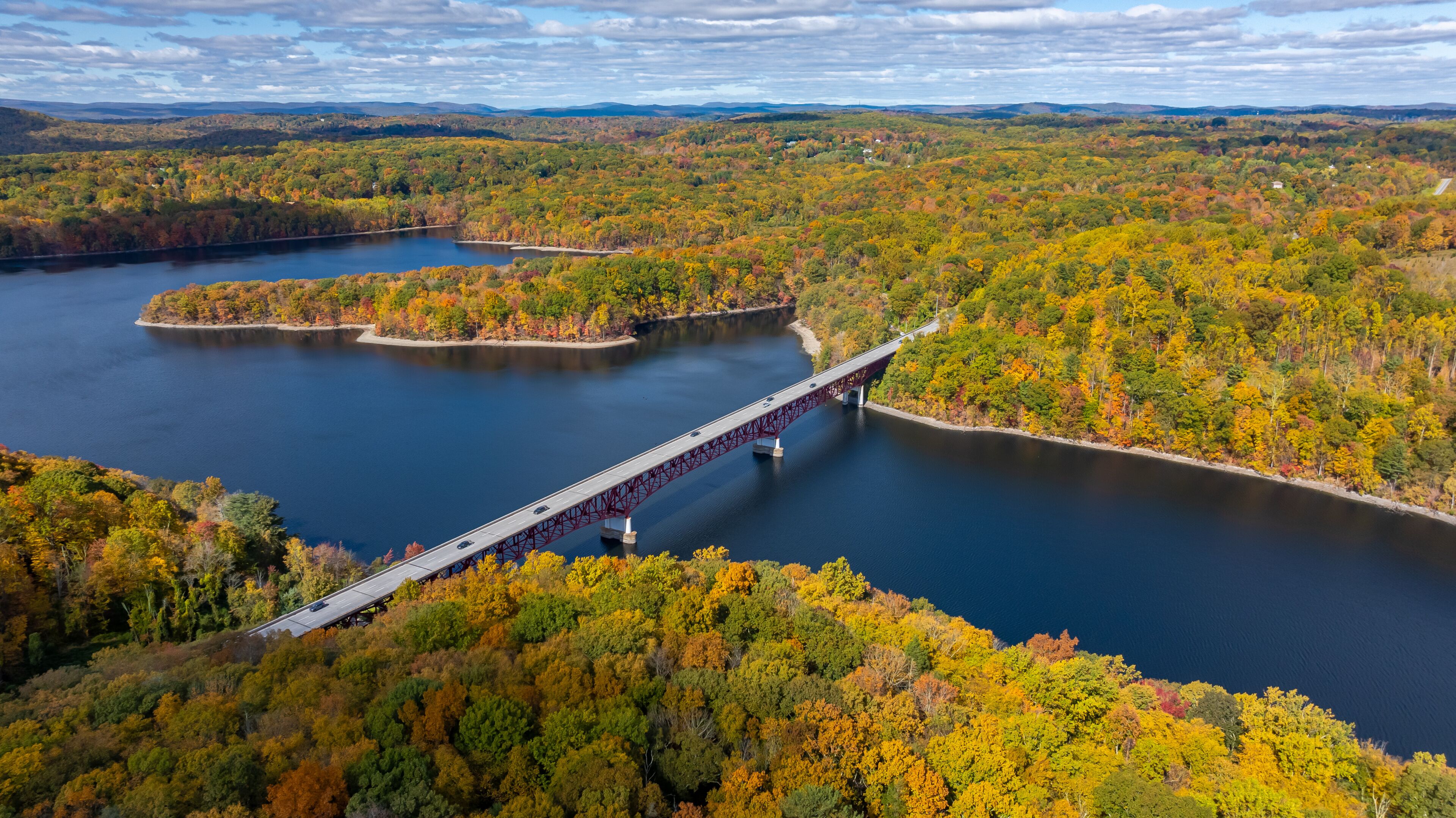 Late afternoon aerial autumn image of the area surrounding the Yorktown Heights, NY, USA  10-16-2024