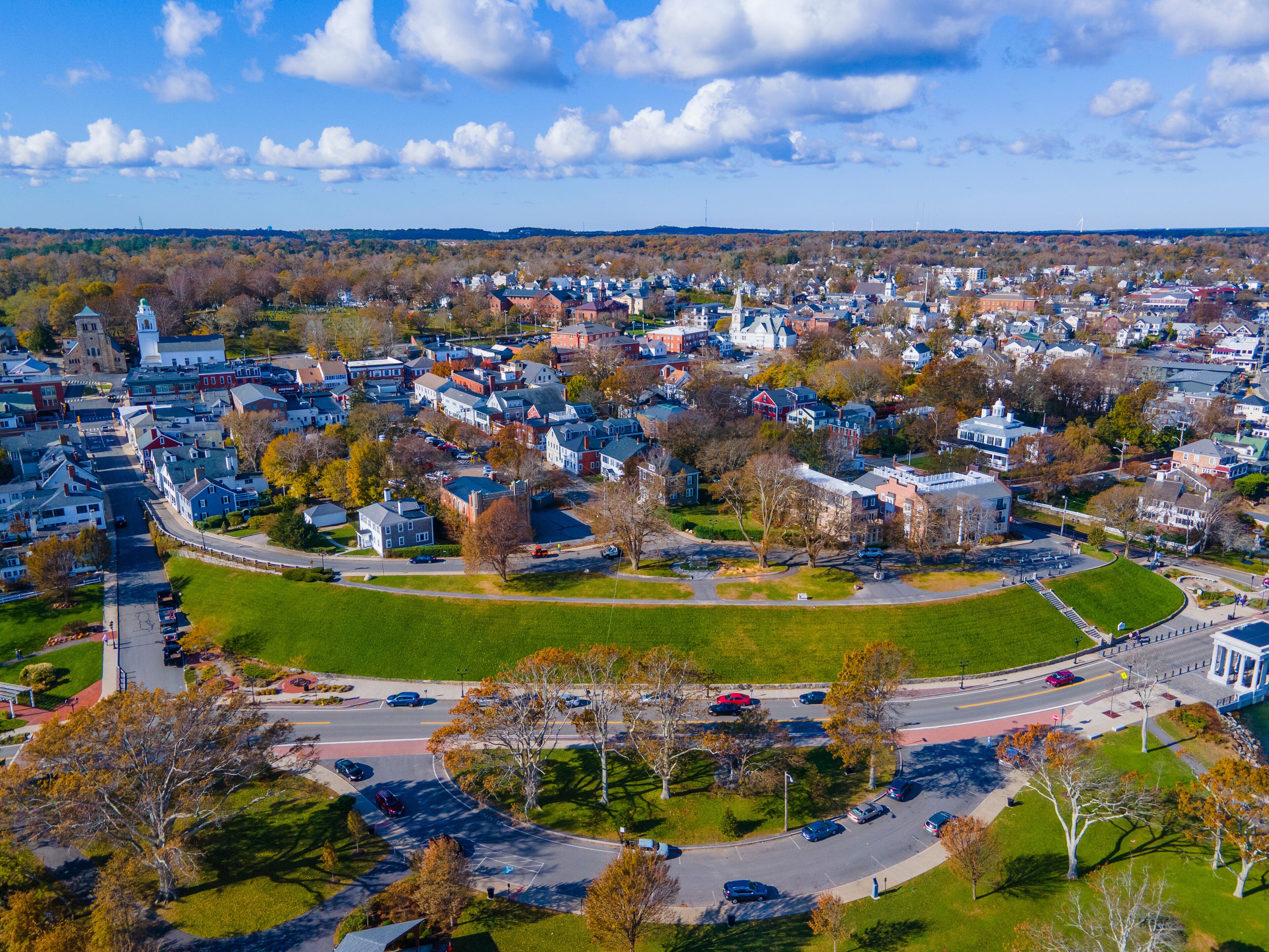 Plymouth historic town center aerial view on Main Street in fall, Plymouth, Massachusetts MA, USA. 