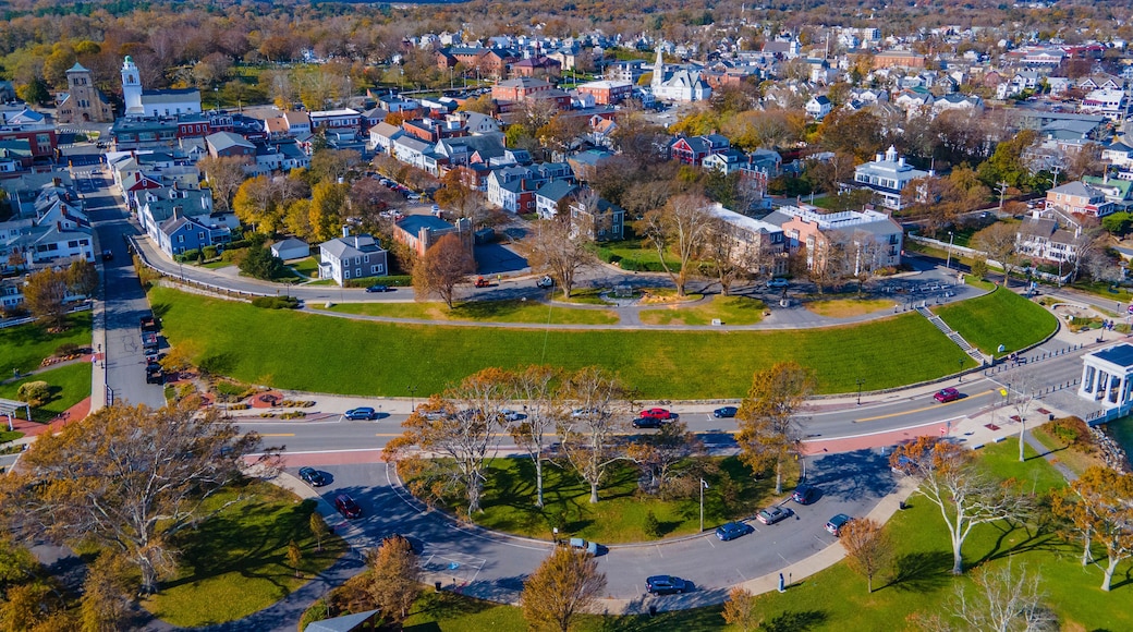Plymouth historic town center aerial view on Main Street in fall, Plymouth, Massachusetts MA, USA.
