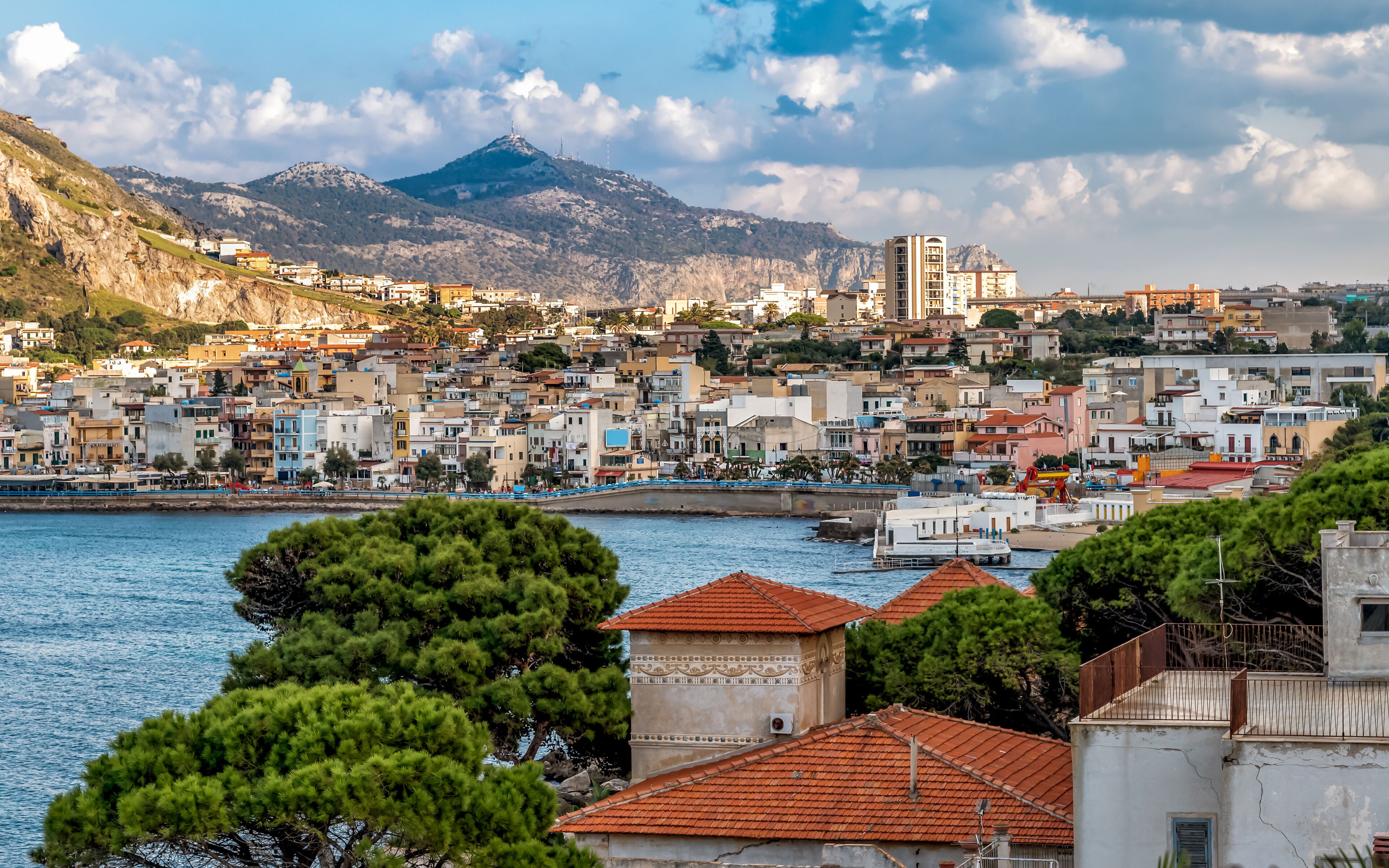 View of the Sferracavallo village located at the foot of the Capo Gallo Mount on the shore of Mediterranean sea in province of Palermo, Sicily