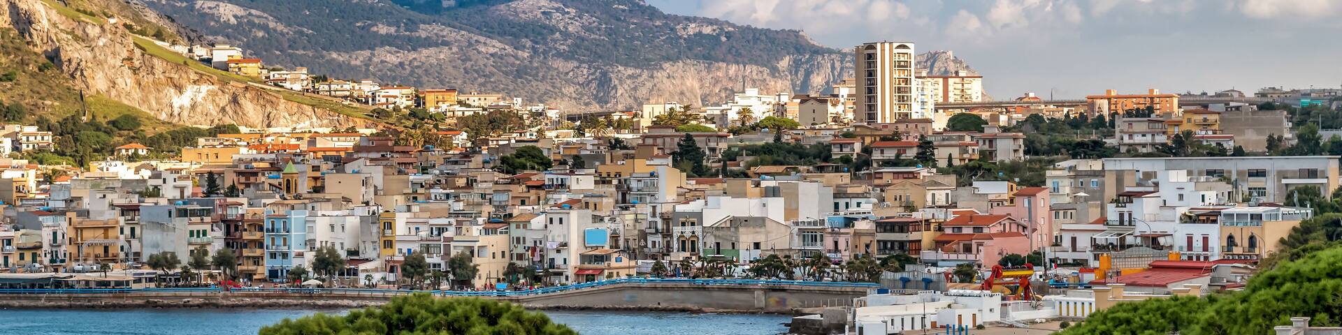 View of the Sferracavallo village located at the foot of the Capo Gallo Mount on the shore of Mediterranean sea in province of Palermo, Sicily