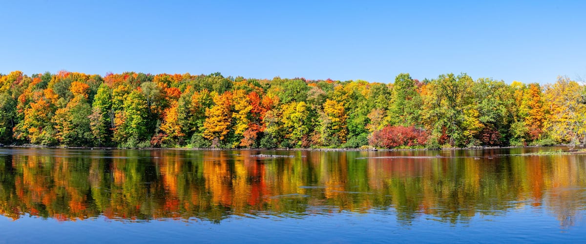 A calm lake reflecting a forest of autumn-colored trees.
