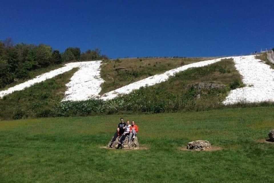 A grassy field with a snow-covered hill and a group of people in the foreground.