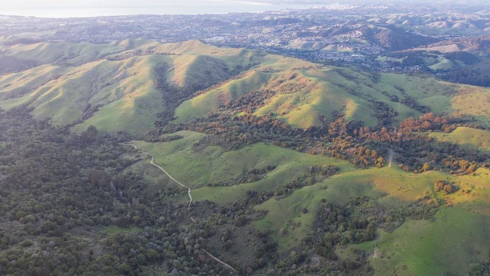 Evening sunlight shines on the green hills of the East Bay in Northern California. This open area, east of San Francisco Bay, is green in the winter due to rain and golden during the summer.