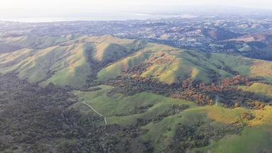 Evening sunlight shines on the green hills of the East Bay in Northern California. This open area, east of San Francisco Bay, is green in the winter due to rain and golden during the summer.