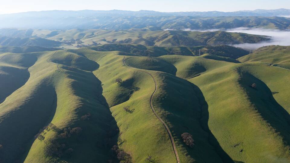Rolling green hills with a winding path.