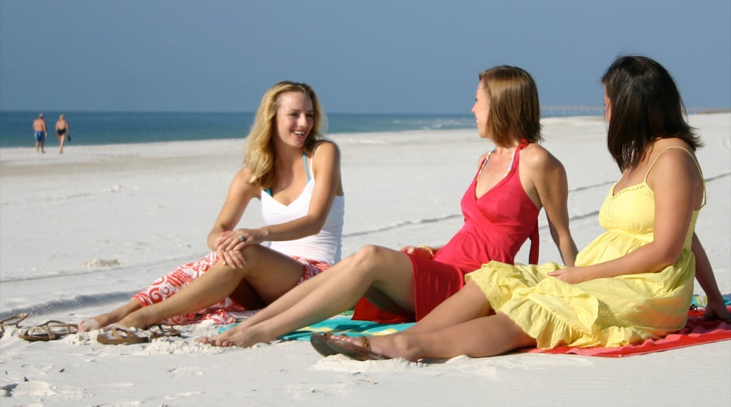 Orange Beach welches beinhaltet Sandstrand und tropische Szenerien sowie kleine Menschengruppe