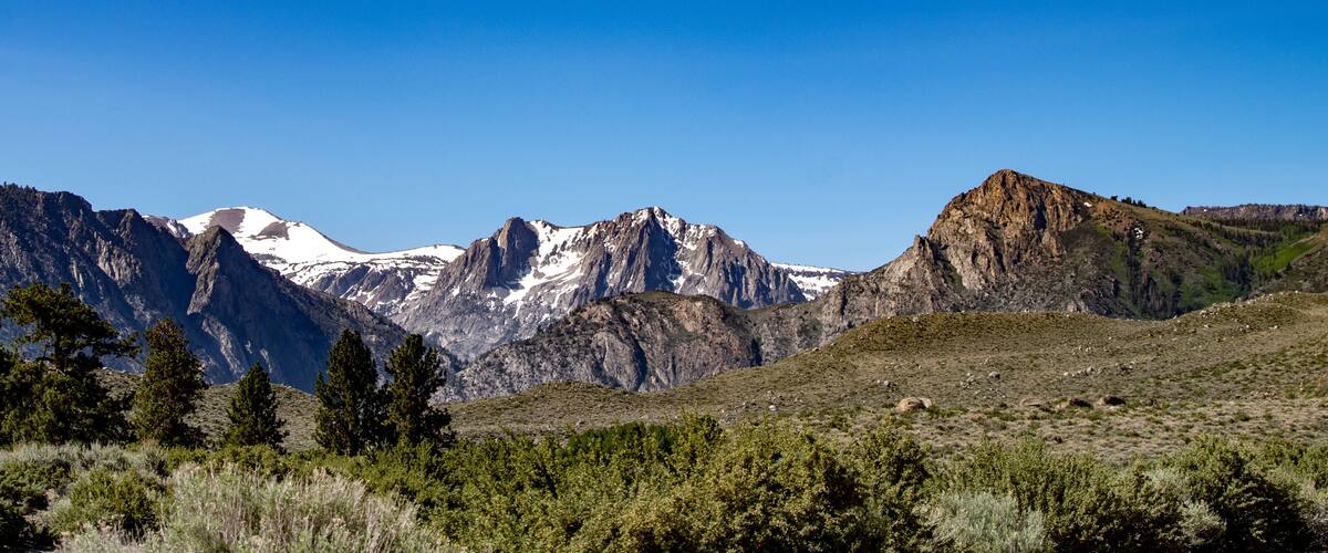 A mountain range with snow-capped peaks, dense forests, and a clear blue sky.
