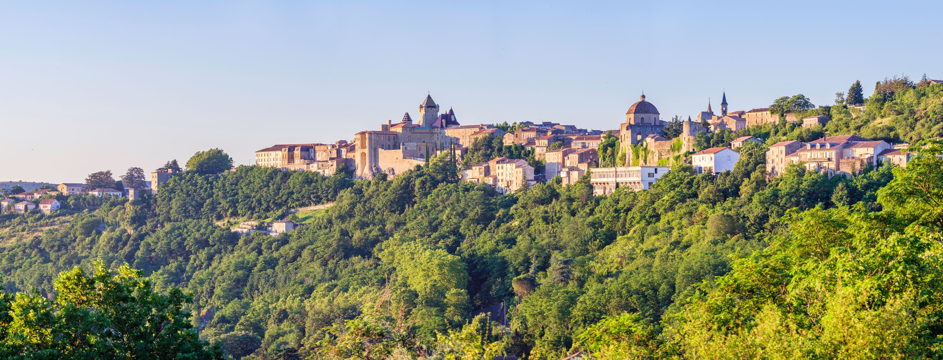 A historic town perched on a hillside with dense forest, medieval architecture, and a prominent church tower.